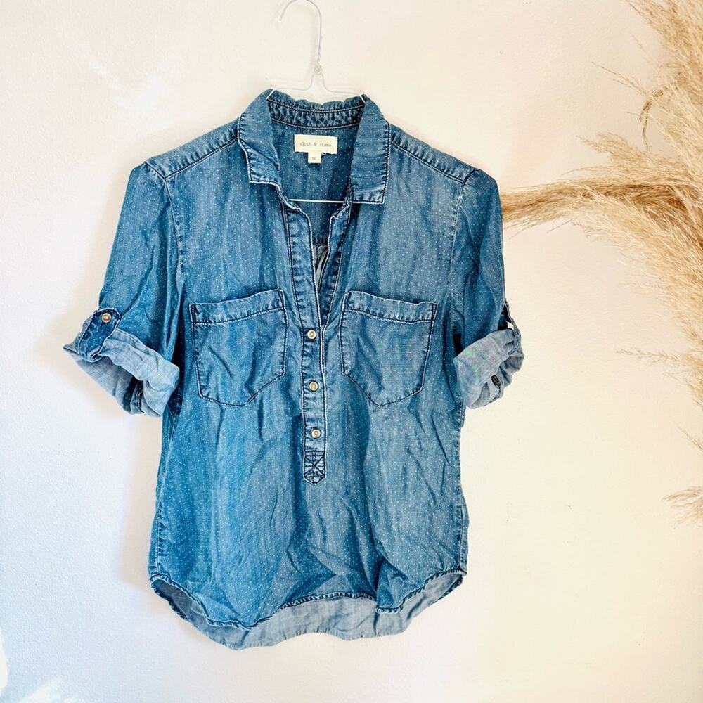 ANTHROPOLOGIE CLOTH STONE Blue Denim Polka Dot Popover $98 Blouse Shirt Top M - Picture 2 of 14